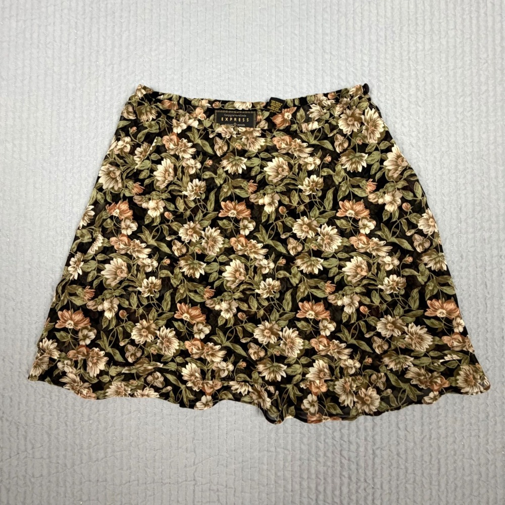 Vintage Express Floral Mini Skirt Black Green Chiffon Ruffle Hem Size Medium